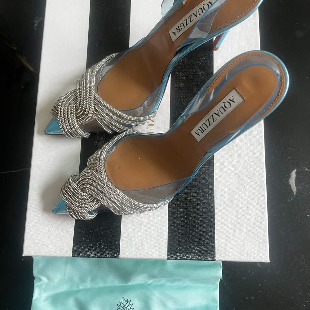 Aquazzura Aqua Blue Crystal-Knot Pointed Slingback Heels